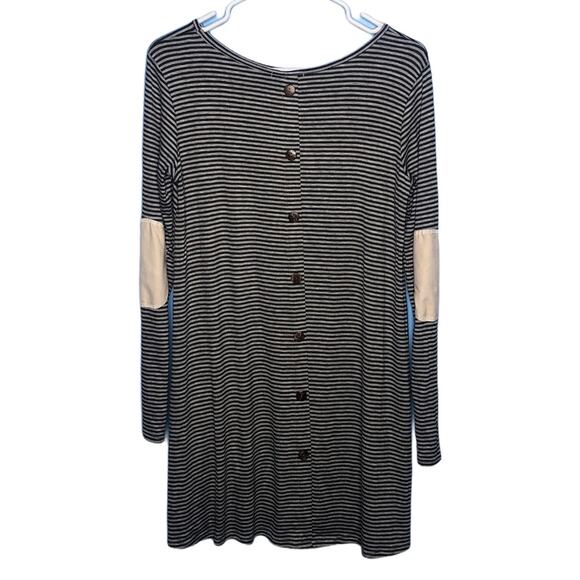 Sweet Claire MEDIUM Striped Elbow Patch Back Button Long Sleeve T-shirt Dress - Picture 12 of 13